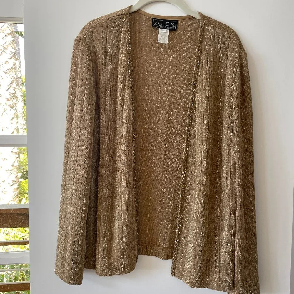 Alex Evenings Gold Open Front‎ Beaded Jacket, Size 14